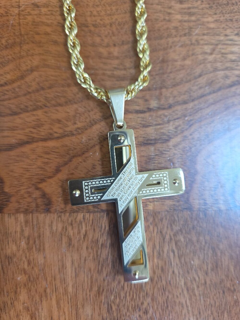 Wrapped Lords Prayer Cross Pendant Necklace in ION Plated YG Stainless Steel 22